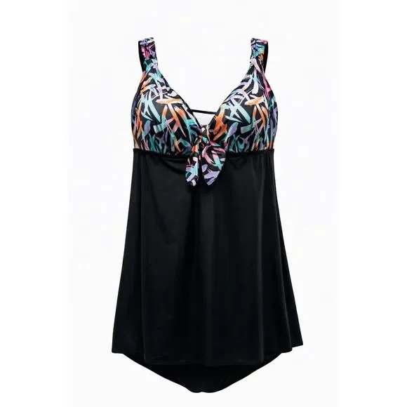 Longitude Size 22 Black Abstract Tie Front Skirted One Piece Swimsuit