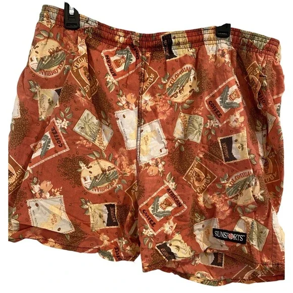 Vintage 1990s SunSports Hawaii‎ Men's Large Swim Trunks Coffee Theme Shorts USA