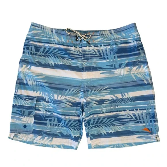 Tommy Bahama Relax Mens XL Blue Tropical Palm Striped‎ Swim Trunks Board Shorts