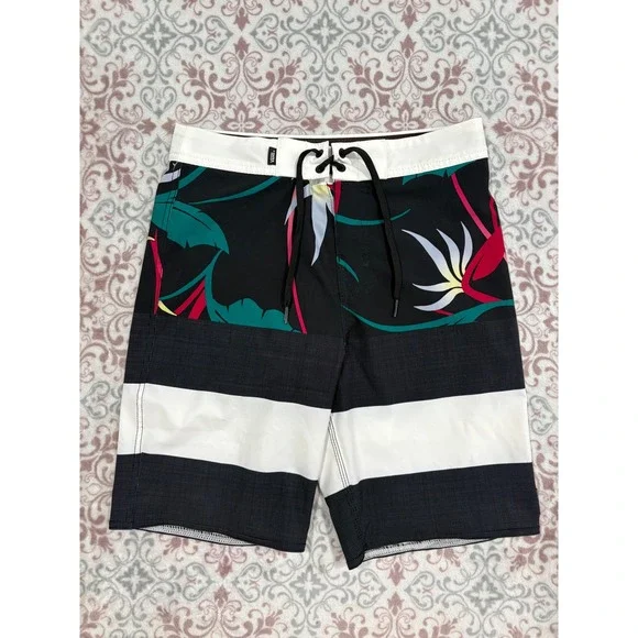 Vans Board Shorts Mens 27 Floral Stripe Bird of Paradise Swim Trunks Black White