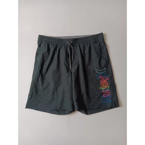 Hurley Mens Board Shorts XL Gray Rainbow Logo Swim Trunks Elastic Waist Pocket