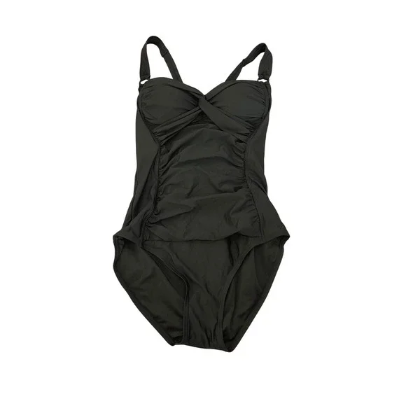 DKNY Womens Black Ruched One Piece Swimsuit Tummy Control DI4MS565 NWT Size L