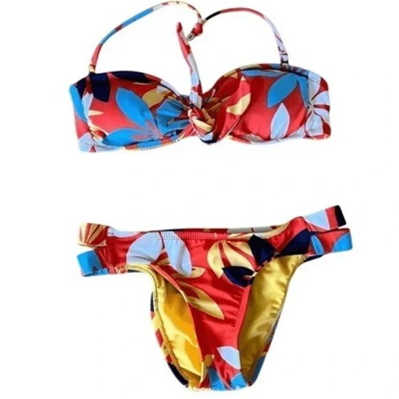 Hobie tropical bikini bloomy daze orange 2 piece knot front strappy floral small
