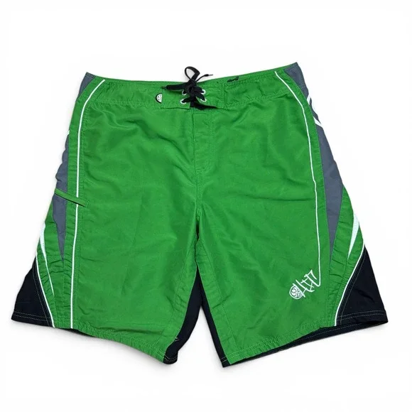 HIC Hawaiian Island Creations Mens Green Grey Board Shorts Swim Trunks Size 38