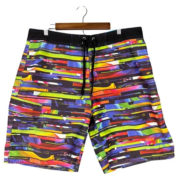 Op Ocean Pacific Mens Board Shorts Size 38 Multi Color Abstract Glitch Colorful