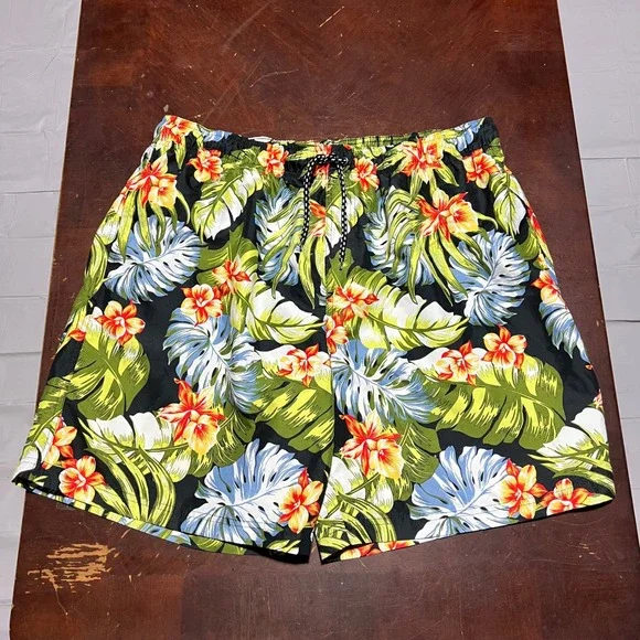 OP Ocean Pacific Mens XL Tropical Floral Swim Trunks Black Green Y2K OM26331Y