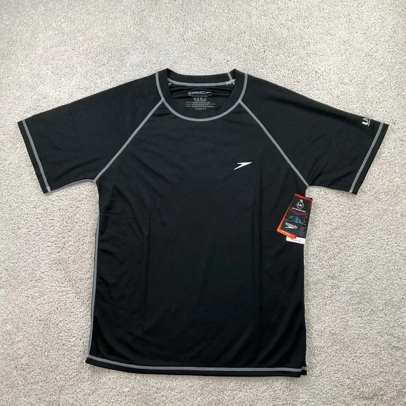 Speedo Mens UV Protection Rash Guard Black Short Sleeve Swim Shirt Medium NEW