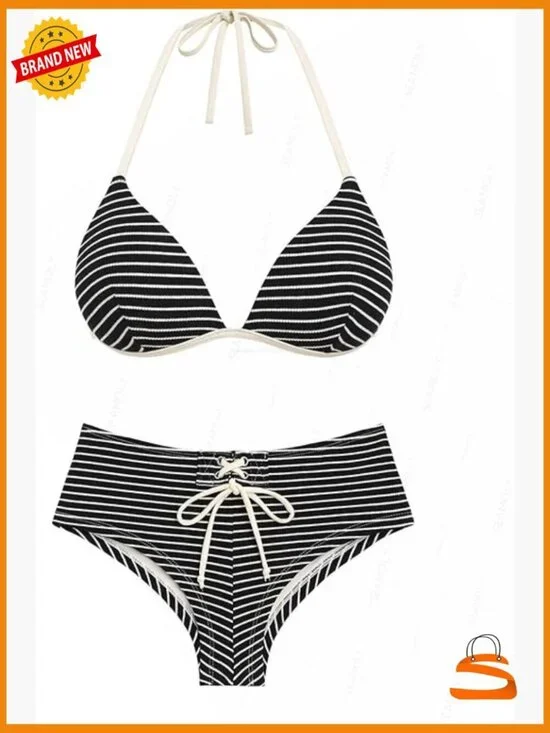 Vintage Polka Dot Grommet Lace Up Full Coverage Bikini Set X-Small