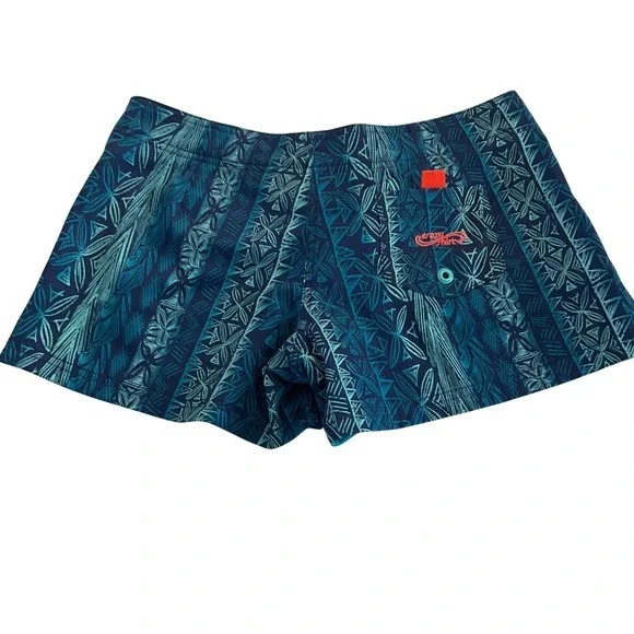 Crazy Shirts Board Shorts Womens 30 Teal Reversible Tribal Floral Surf Trunks