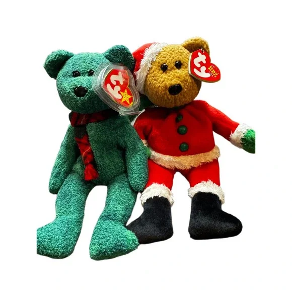 Ty Beanie Baby Wallace Green Bear & Kringle Christmas Bear Plush Stuffed Animal‎