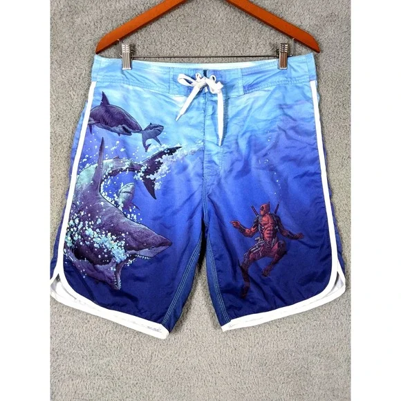 Marvel Deadpool Sharks Swim Board Shorts Mens M Blue Graphic Print Beach Surfer