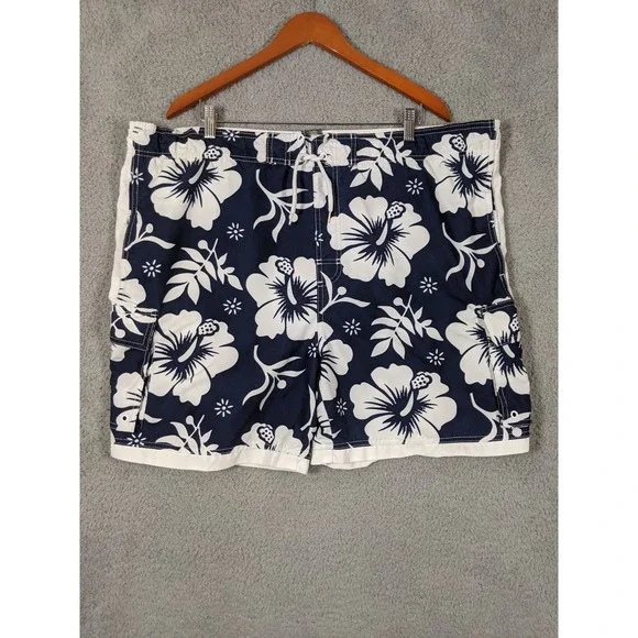 Faded Glory Swim Board Short Men L 36-38 Dark Navy White Floral Surfer Y2K