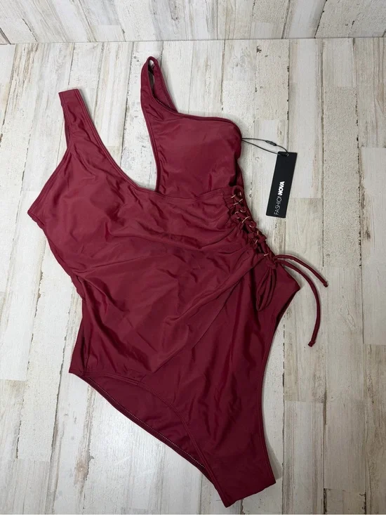 Fashion Nova Wine Red Lace-Up One-Piece Swimsuit
