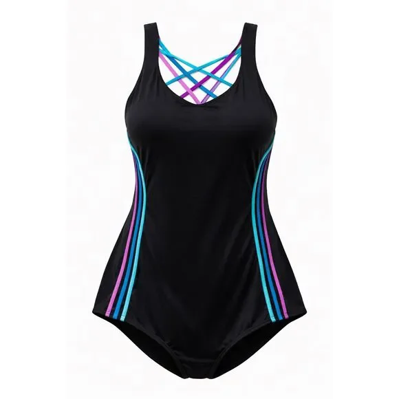 Swimsuits For All Size 26 Black Crisscross Back One Piece Swimsuit