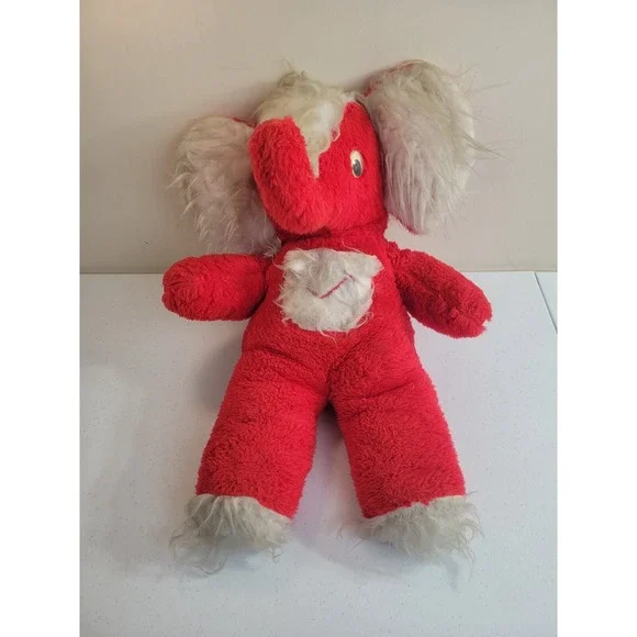 Vtg Carnival Elephant Plush Kitsch Stuffed Animal‎ Toy Red White 22in