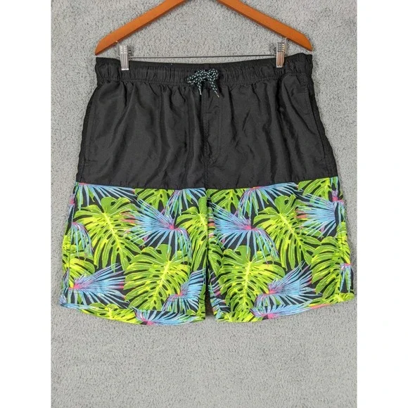 Faded Glory Swim Board Shorts Mens Medium Black Green Tropical Surfer Y2K Skater