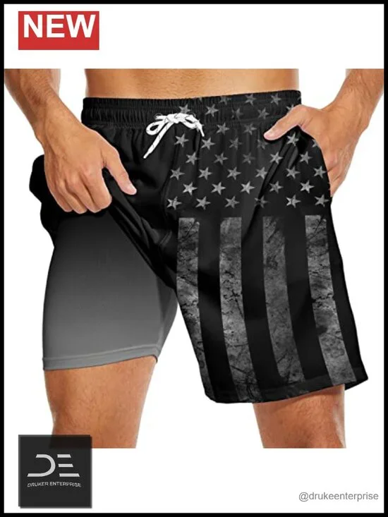 Men's Swim Trunks with Compression Liner USA Flag Board Shorts 7