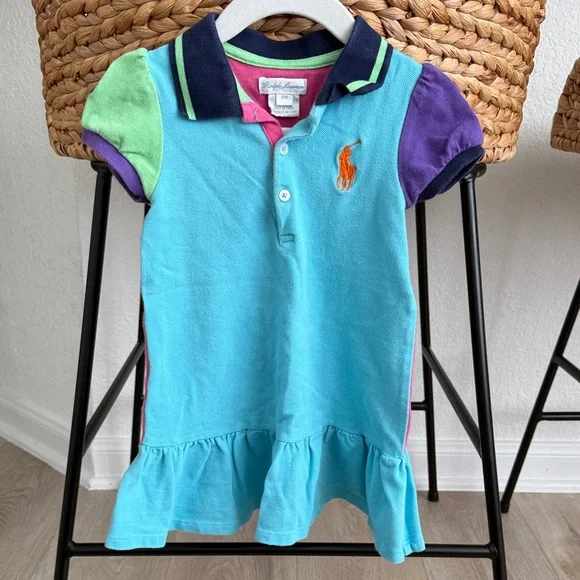 Ralph Lauren Multicolor Polo Dress Colorblock Ruffle Hem Toddler Girl 24 Months