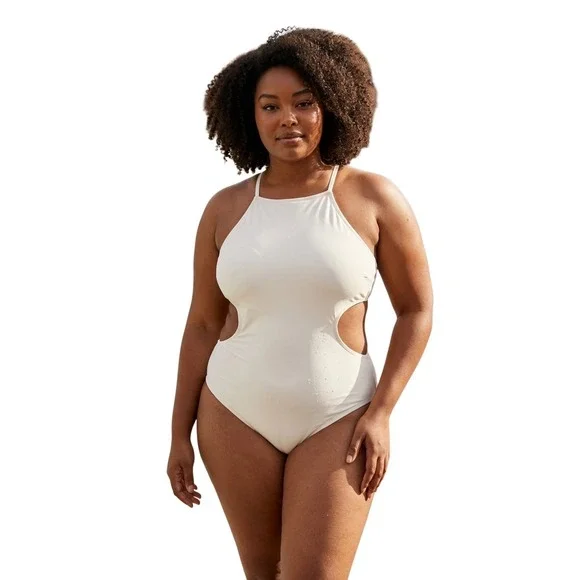 Victorias Secret High Neck Cutout One Piece Swimsuit White XL Crochet Back NEW