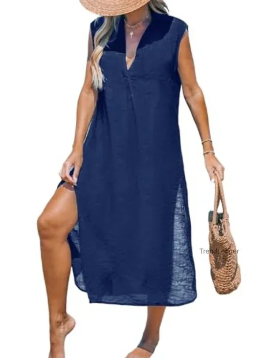 Sleeveless V Neck Midi Beach Cover Up Dress Side Split Cardigan