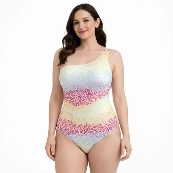 Onia Animal Print One Shoulder Swim Suit Pastel L