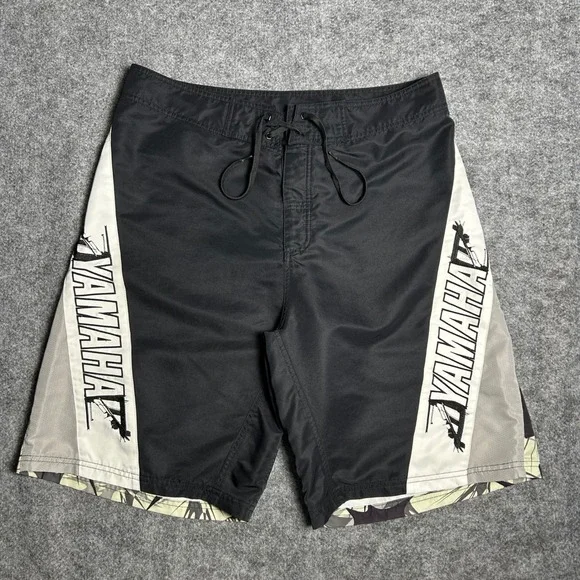Yamaha Board Shorts Black White Graphic Skater Baggy Y2K Retro Size 36