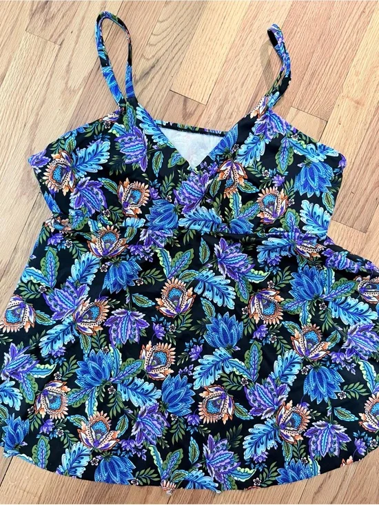 Swim Solutions Black Floral Bikini Top with Blue & Purple Print
