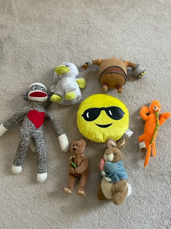 Plush Emoji Pillow and Assorted Soft Toys - Yellow, Brown, Orange, Gray