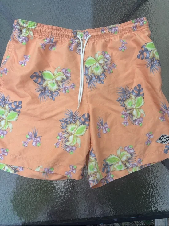 PacSun Peach Floral Swim Trunks with Purple & Green Accents