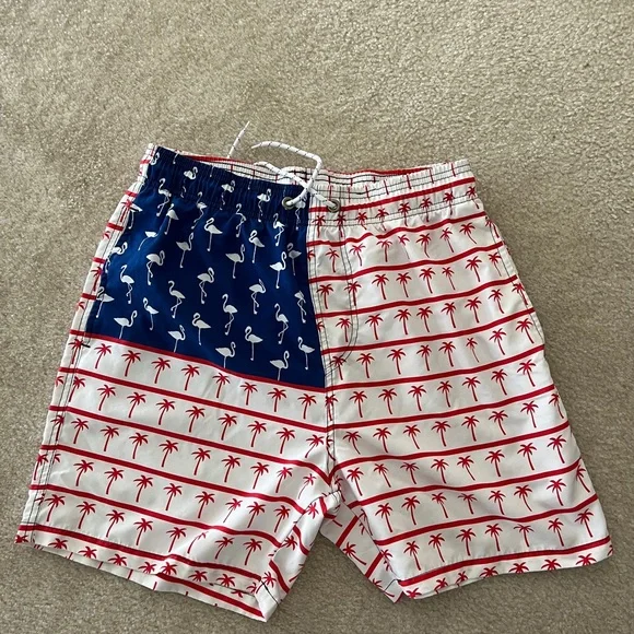 Men's Blue & White Flamingo and Palm Pattern Swim Trunks