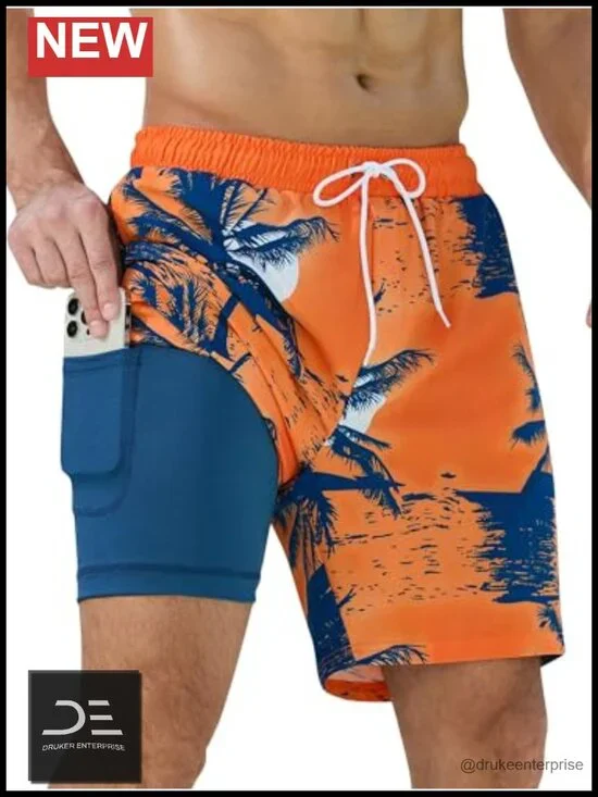 Men's Swim Trunks with Compression Liner and Zipper Pockets