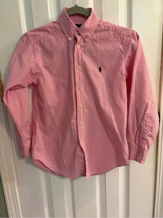 Ralph Lauren Boys Classic Long-Sleeve Pink/White Check Button-Down Shirt Size 8
