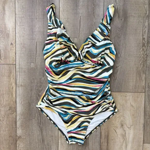 DKNY Women Ruffle One Piece Swimsuit Size 12 Colorful Ruched Tummy Control Artsy