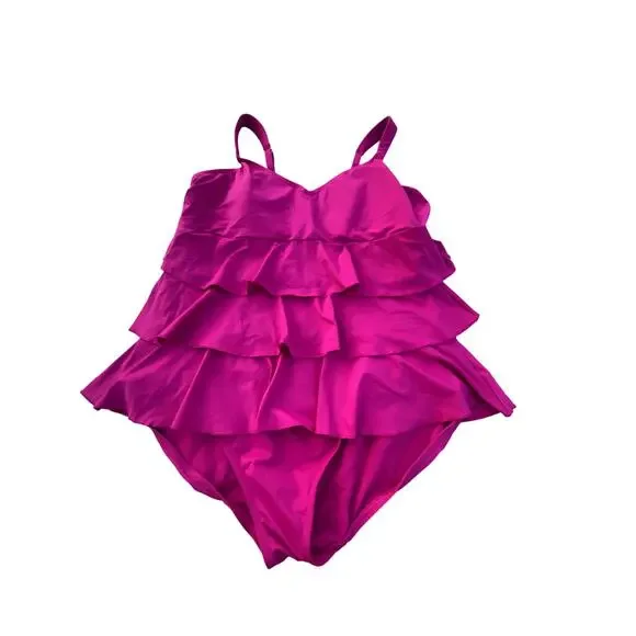 Lands End One Piece Tiered Ruffle Swimsuit - Magenta - Size 18