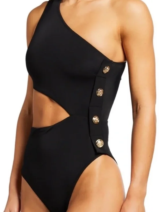 OYE Womens Black Rhea 1-Shoulder Asymmetric Cutout 1-Piece Swimsuit, M