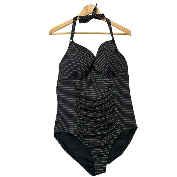 Swimsuits For All Womens One Piece 18 Black Good Stripe Halter Cinched Swim Sexy