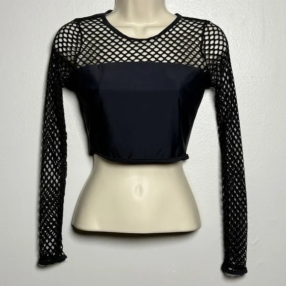 Piha‎ Swimwear Womens Mesh Crop Top 6 Black Swim Top Stretch Smooth