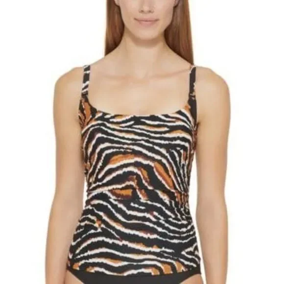 DKNY Tiger Black Multi Printed Square-Neck Tankini Swim Top US Medium