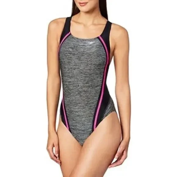 Speedo one piece endurance swimsuit size 6 gray pink racerback performance
