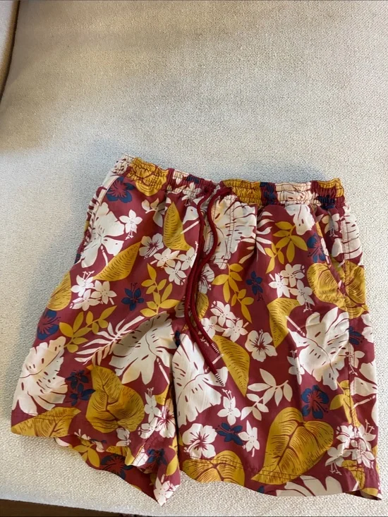 Men's Red Floral Swim Trunks with Yellow Leaf Print