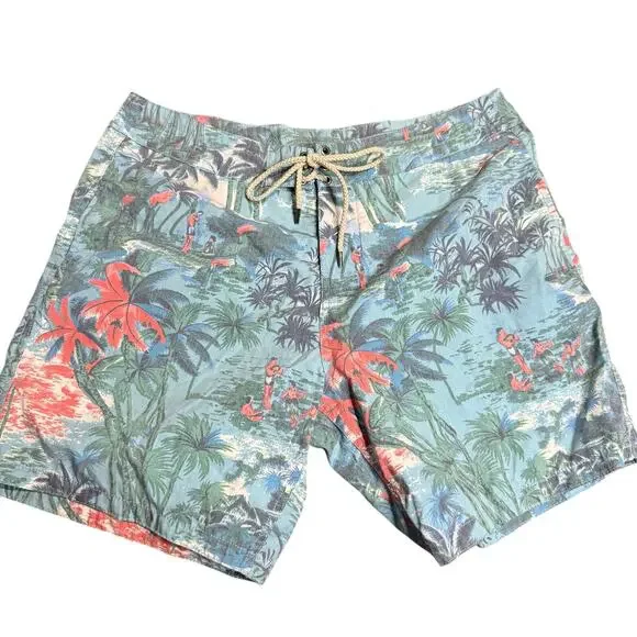 Faherty Brand Tropical Swim Trunks Board Shorts, Blue Palm Scenic Print, 34