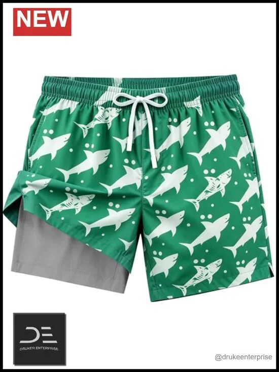 Mens Swim Trunks 2 in 1 Board Shorts with Pockets Quick Dry Bathing Suits