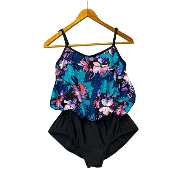 Maxine Of Hollywood Womens Swimsuit 16 One Piece Black Blue Floral Modest Mature