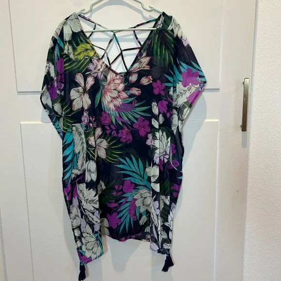 Kona Sol Womens Swim Cover Up Tunic Top Floral Print Lattice‎ Back Tassels M