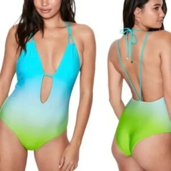 NWT VICTORIA’S SECRET BLUE‎ OMBRE DEEP V STRAPPY PADDED ONE PIECE SWIMSUIT M