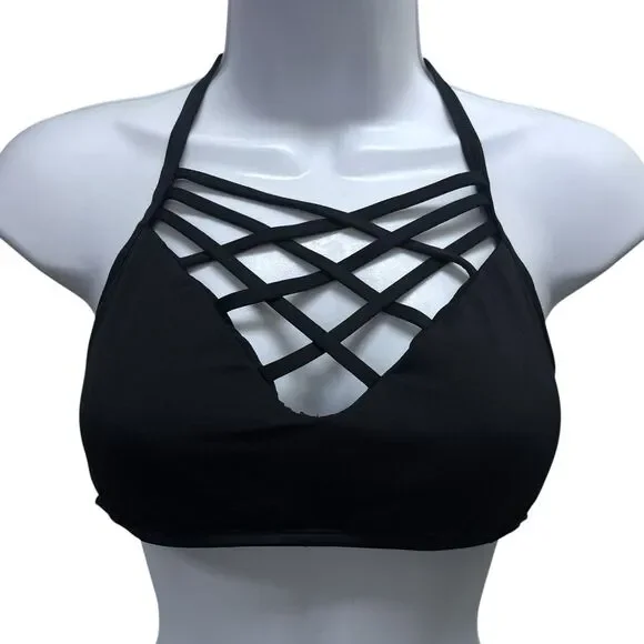 Mossimo Women's Size M Black Halter Bikini Swim Top Padded Crisscross‎ Front
