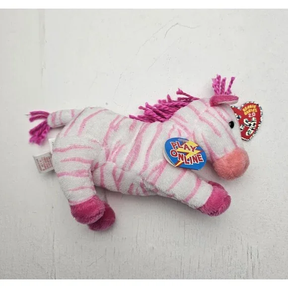Ty Beanie Babies 2.0 Zebra Bubblegum Plush Pink & White Striped 2008 Unused Code