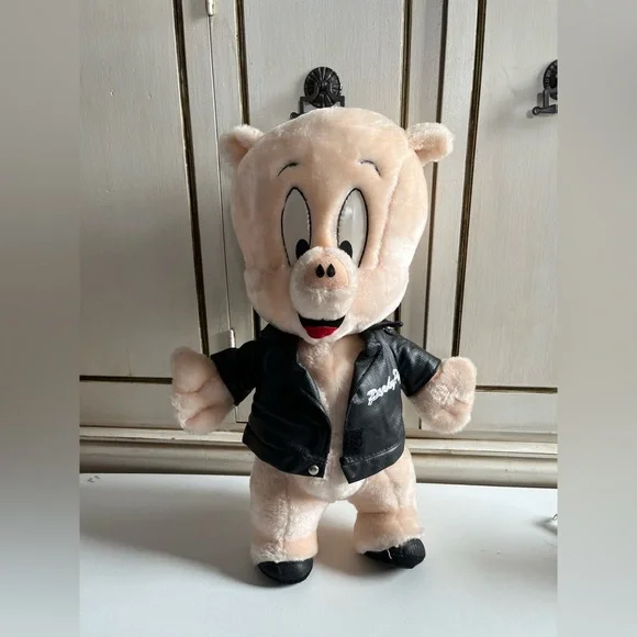 Vintage Warner Bros. Porky Pig Faux Leather Jacket 1994 Plush stuffed animal
