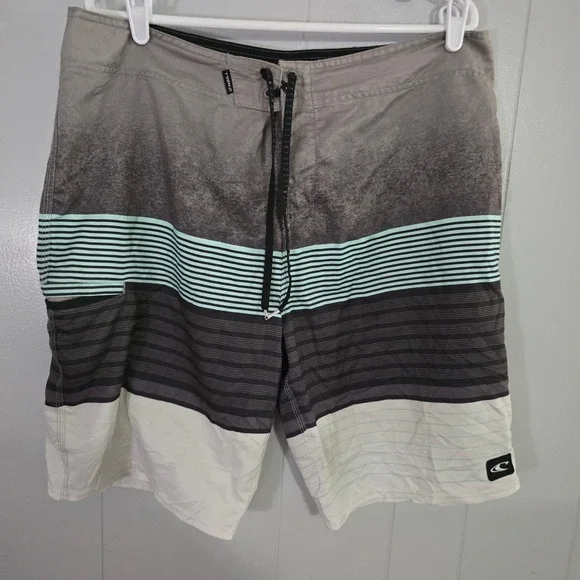 O'Neill Board Shorts Mens 38 Grey‎ Teal Striped Gradient Performance Swim Trunks