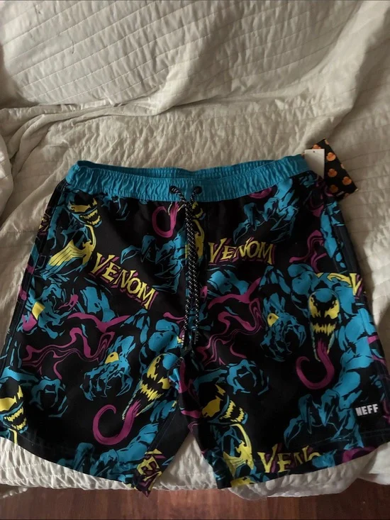NEFF x Venom Men's Black Graphic Swim Trunks - Blue/Yellow/Purple
